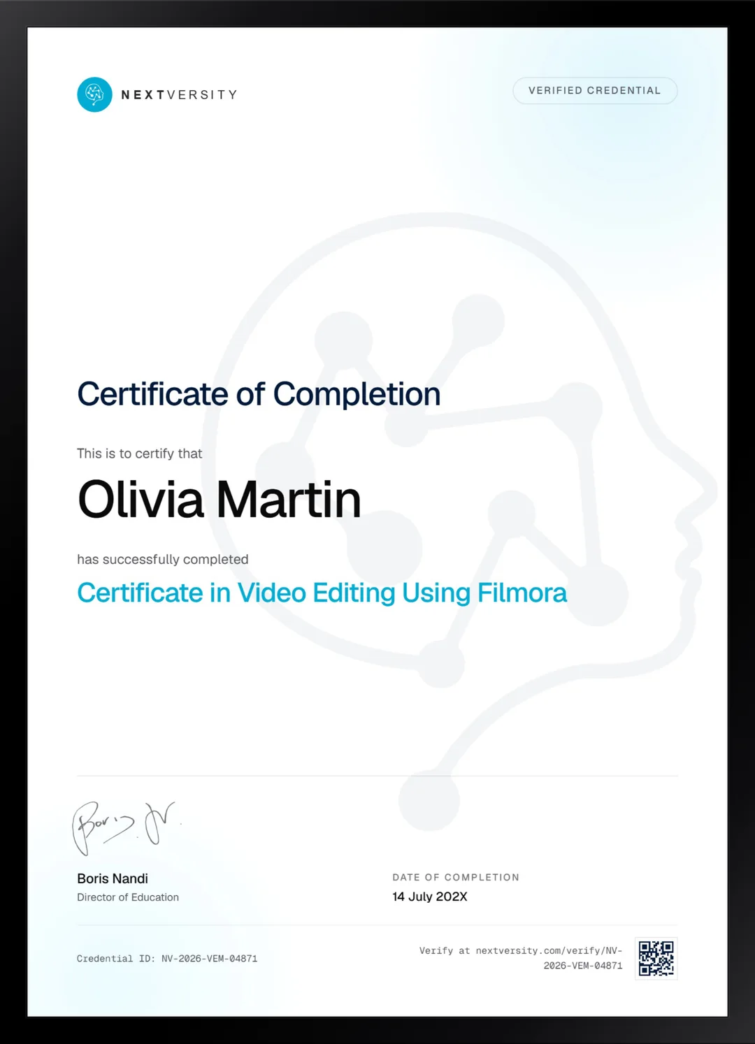 Framed Nextversity certificate for Video Editing Using Filmora