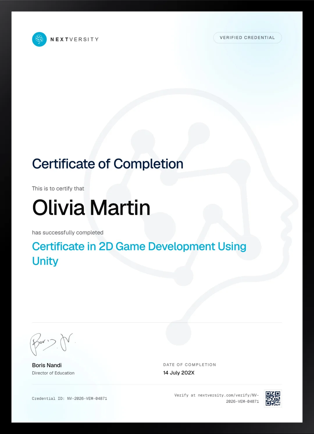 Framed Nextversity certificate for 2D Game Development Using Unity