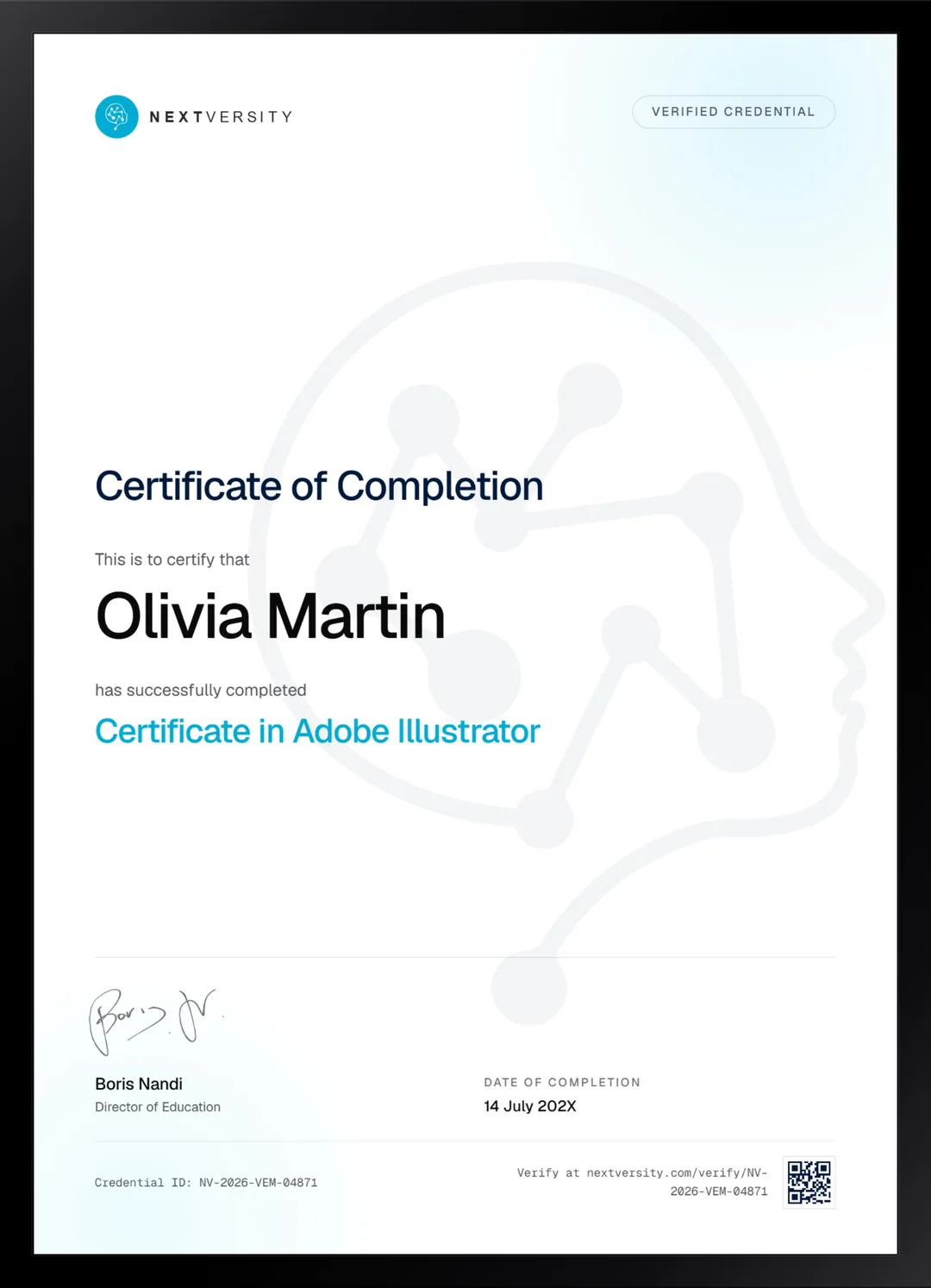 Framed Nextversity certificate for Adobe Illustrator