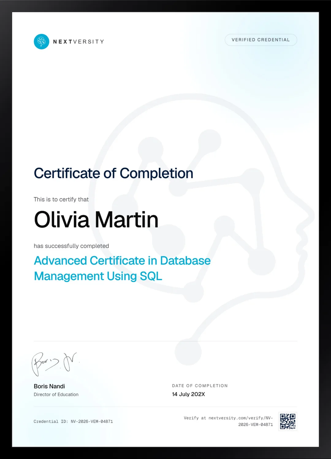 Framed Nextversity certificate for Database Management Using SQL