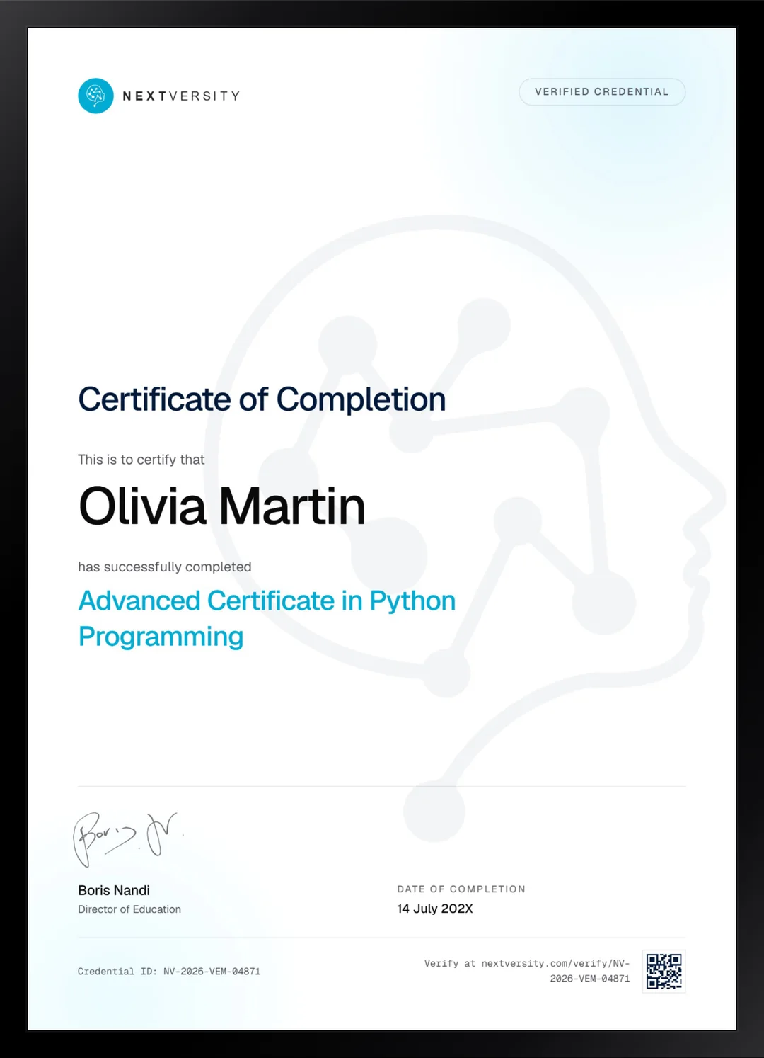 Framed Nextversity certificate for Python Programming