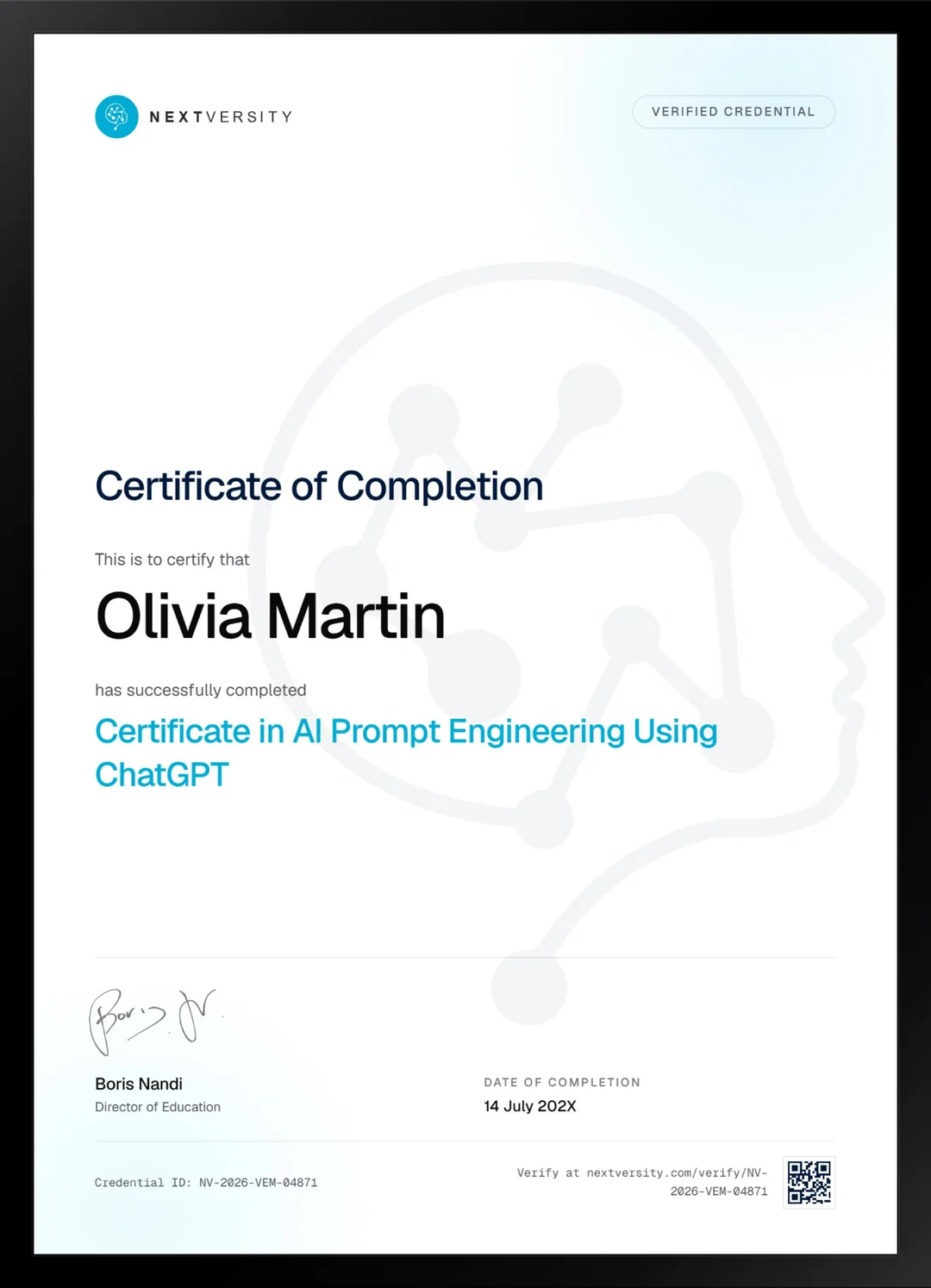 Framed Nextversity certificate for AI Prompt Engineering Using ChatGPT