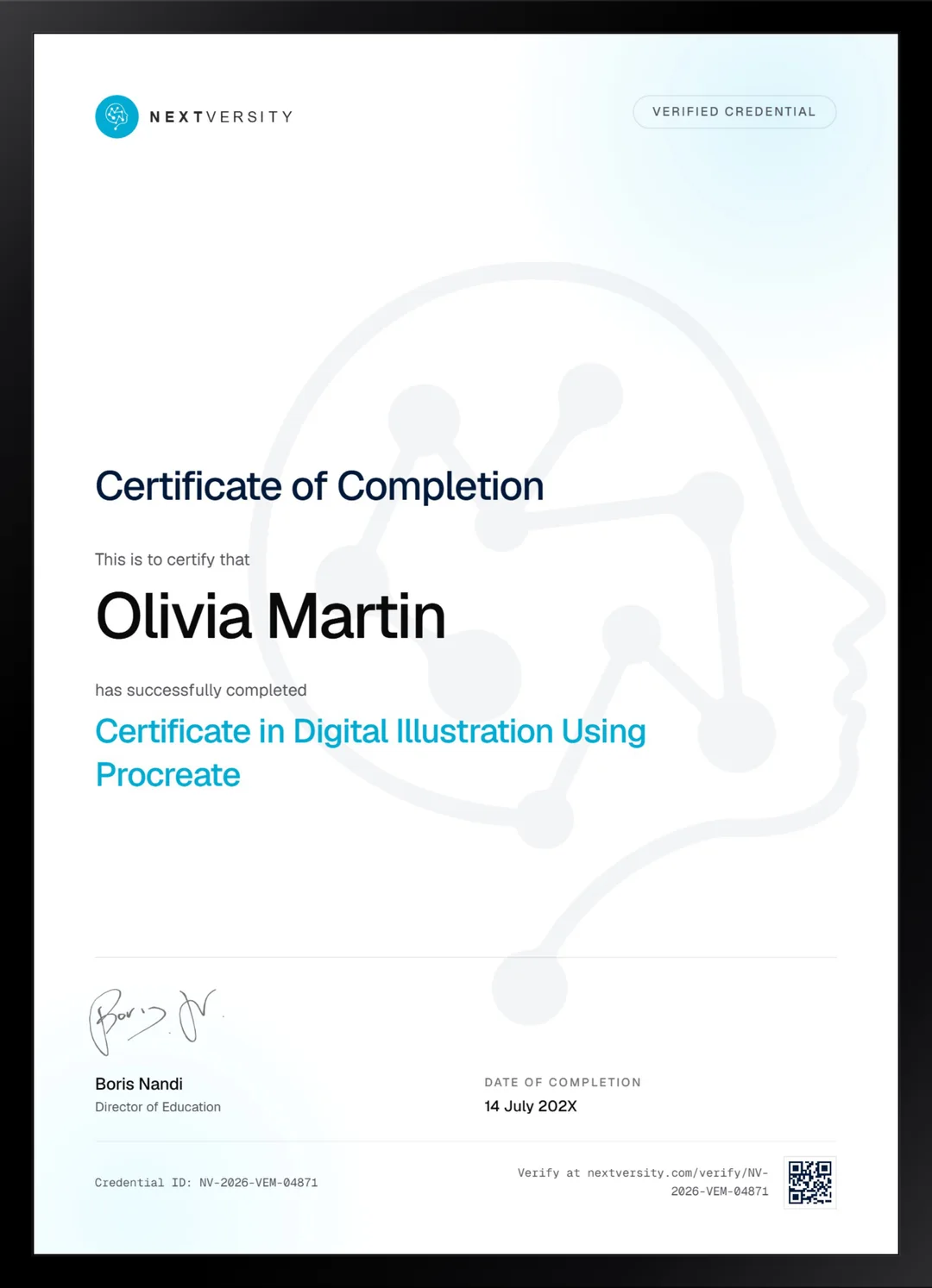 Framed Nextversity certificate for Digital Illustration Using Procreate