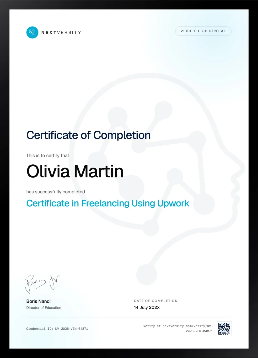 Framed Nextversity certificate for Freelancing Using Upwork