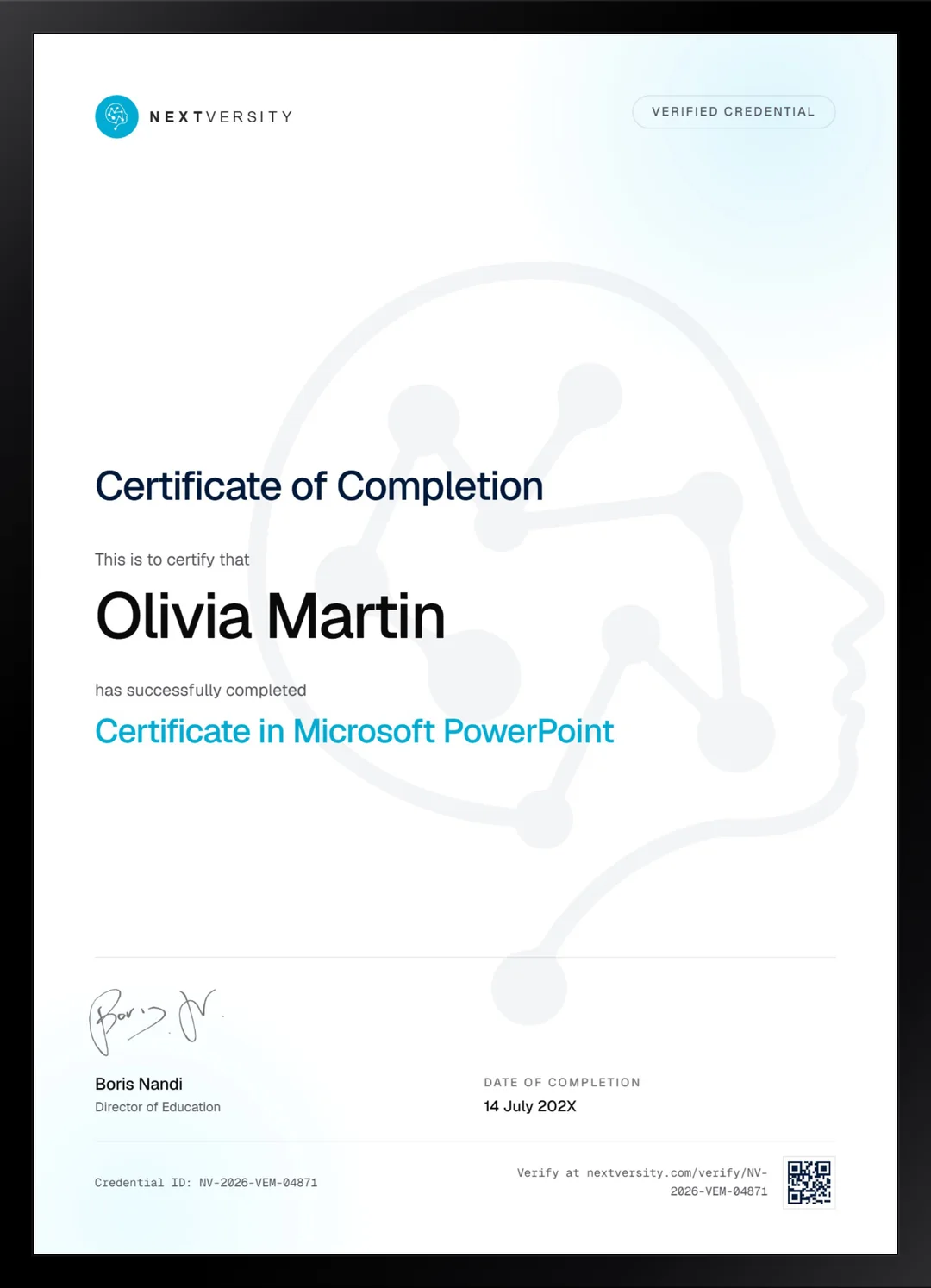 Framed Nextversity certificate for Microsoft PowerPoint