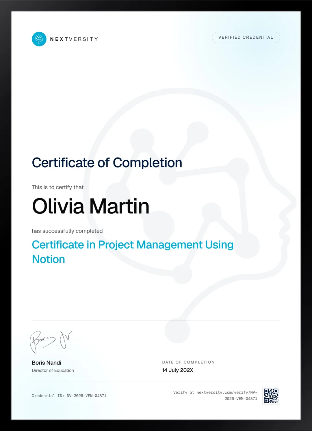 Framed Nextversity certificate for Project Management Using Notion
