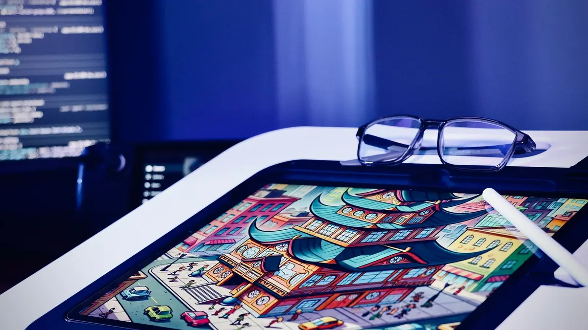 Digital artwork on a tablet with stylus and glasses in a creative setting.