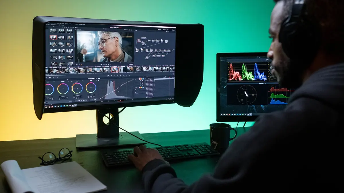 Man editing footage on dual monitors in a modern studio setting.