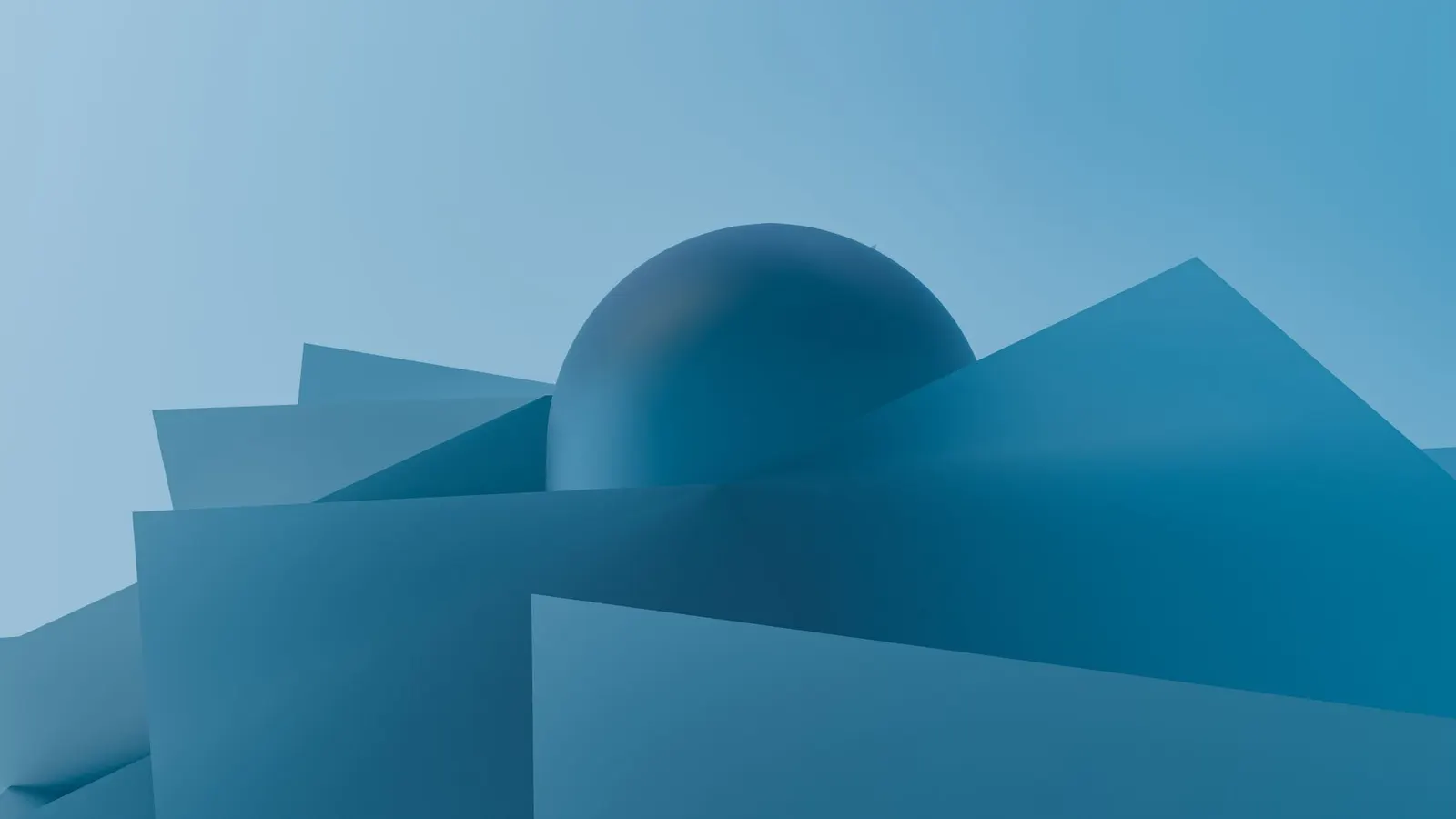 A modern abstract 3D render with blue geometric shapes and a sphere.