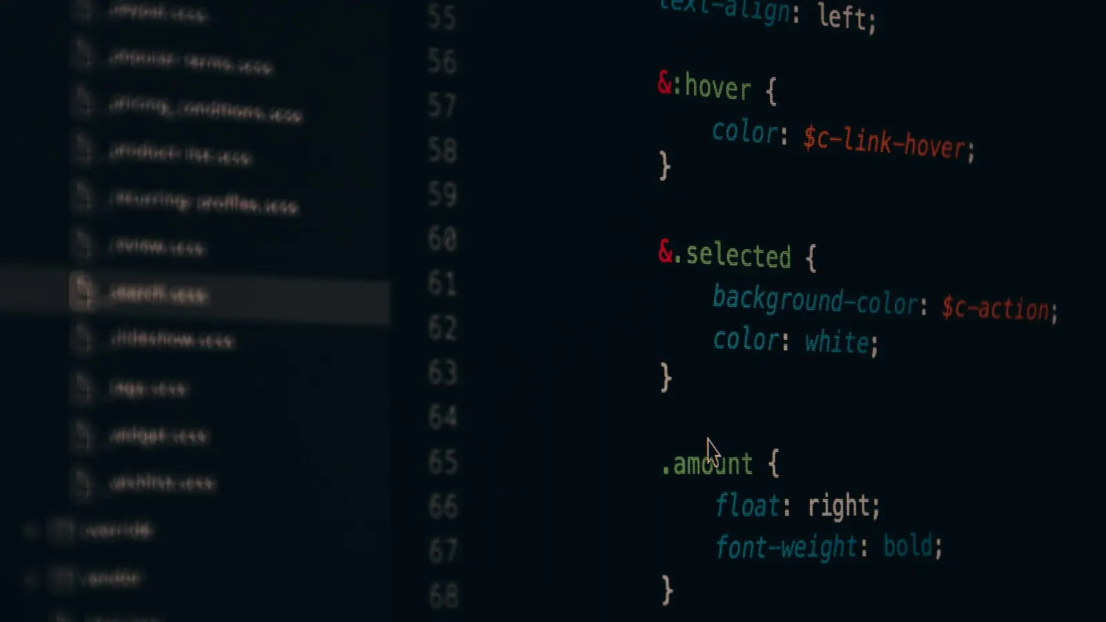 Close-up of colorful CSS code lines on a computer screen for web development.